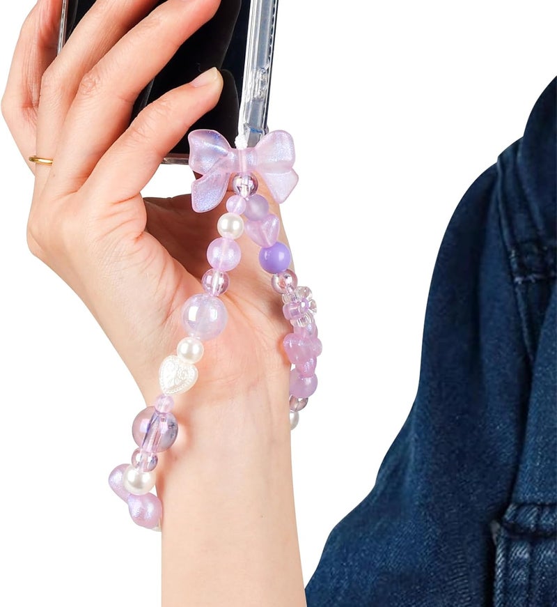 LUVI Beaded Phone Charm Lanyard Wrist Strap Love Heart Bow Beads Butterfly Chain Flower String Pearl Bling Bracelet Keychain Cute Fashion for Women - Image 2